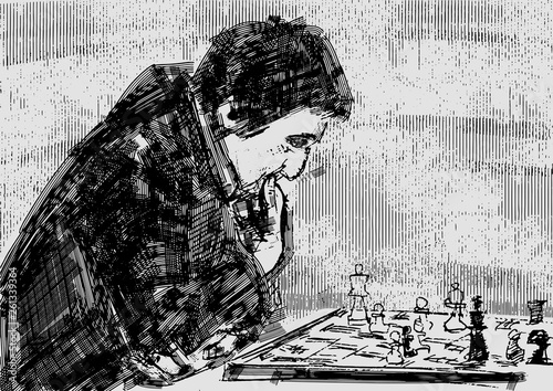 Chess player at the chessboard. Chessplayer thinks about the move. Chess pieces on checkerboard. Vintage engraving style. Monochrome hand drawn illustration. Black drawing. Vector.