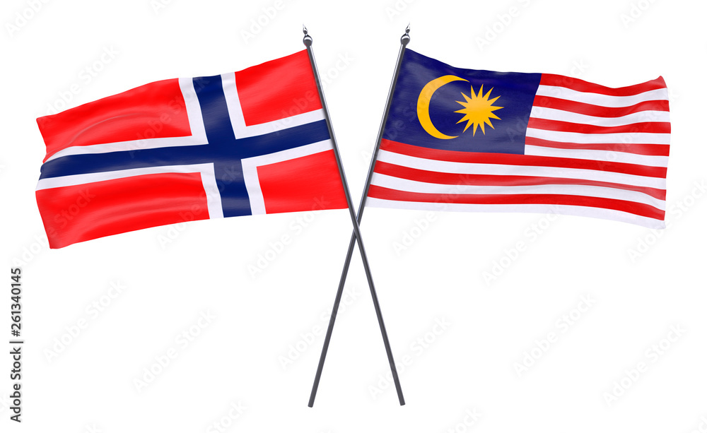 Norway and Malaysia, two crossed flags isolated on white background. 3d image