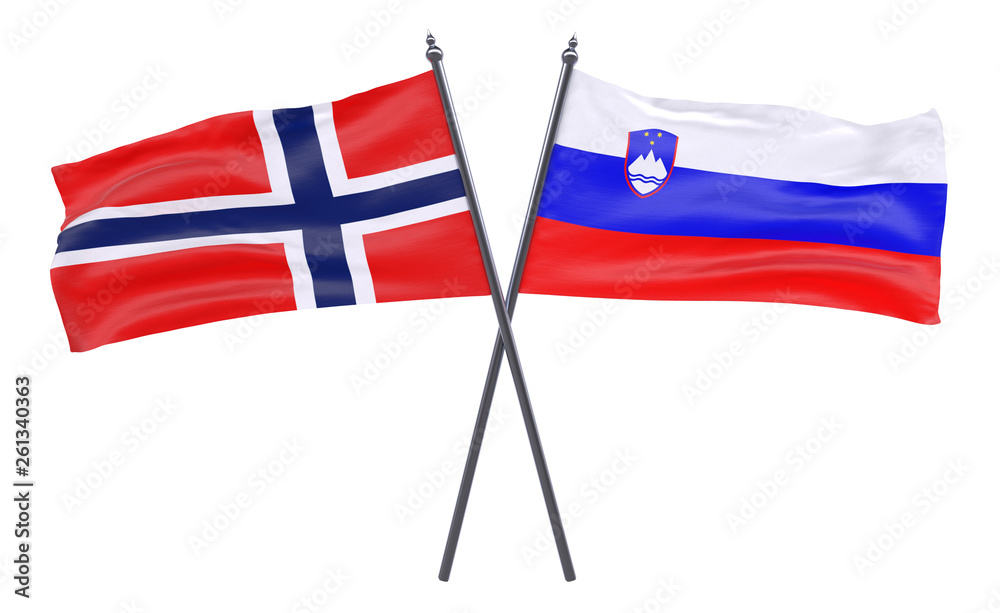 Norway and Slovenia, two crossed flags isolated on white background. 3d image