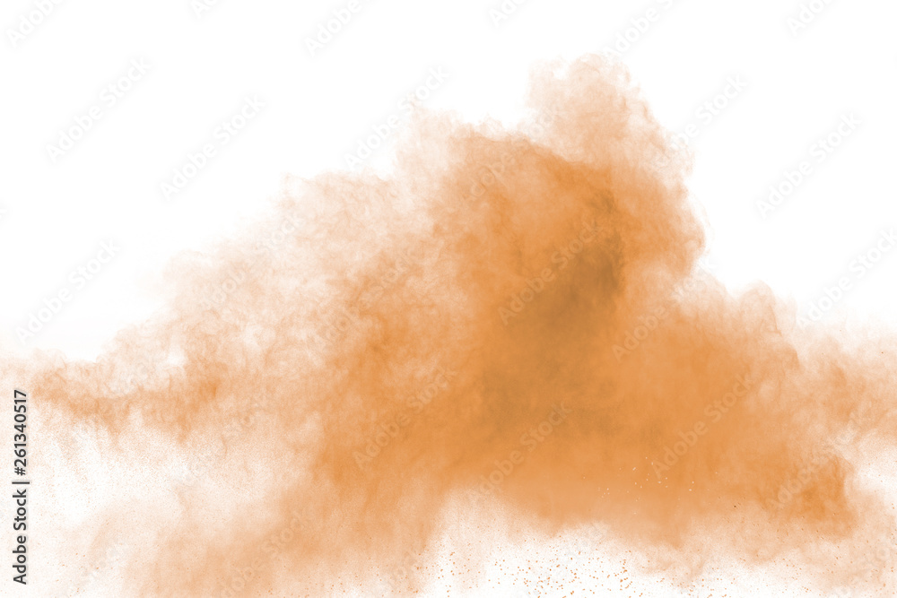 Freeze motion of brown dust explosion. Stopping the movement of brown powder. Explosive brown powder on white background.