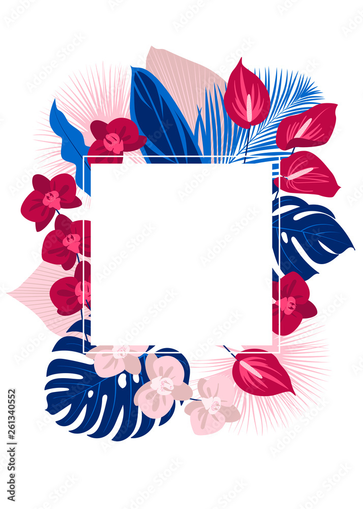 Fototapeta premium Tropical leaves and flowers, square frame