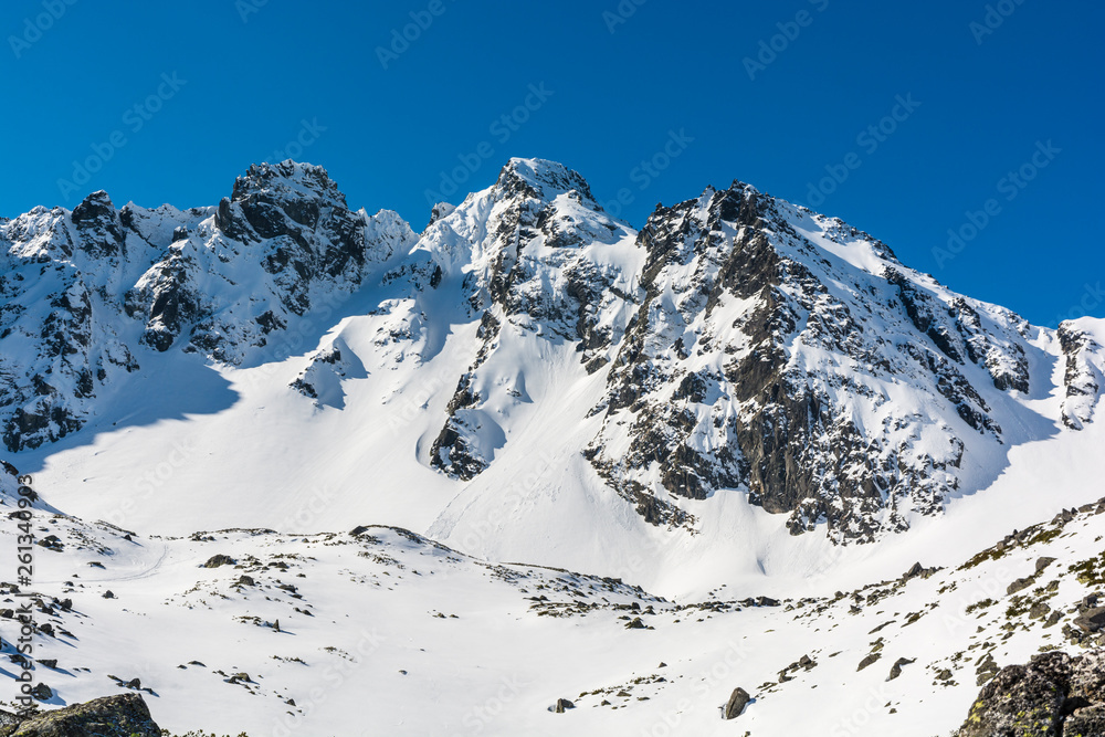 Mountains - a wonderful natural landscape. View of the peaks and mountain passes in the snowy scenery.