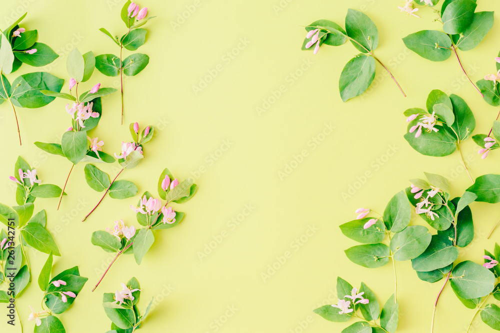 Flat lay pattern with branches and green leaves on a green background