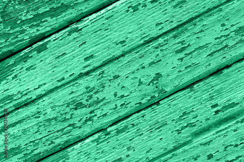 Old wooden background of boards with cracked and peeling paint. Neo Mint color of the year 2020