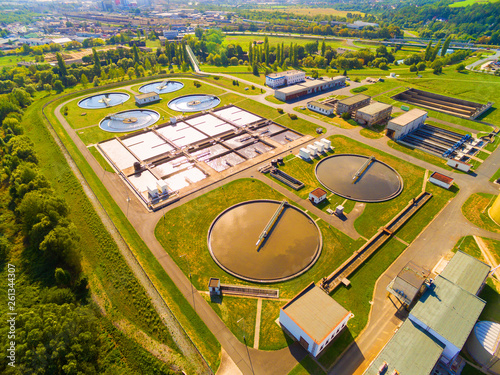 Aerial view to sewage treatment plant. Grey water recycling. Waste management in European Union. photo