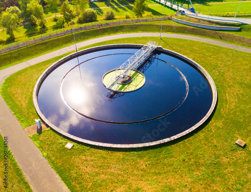 Aerial view to sewage treatment plant. Grey water recycling. Waste management in European Union. © Kletr