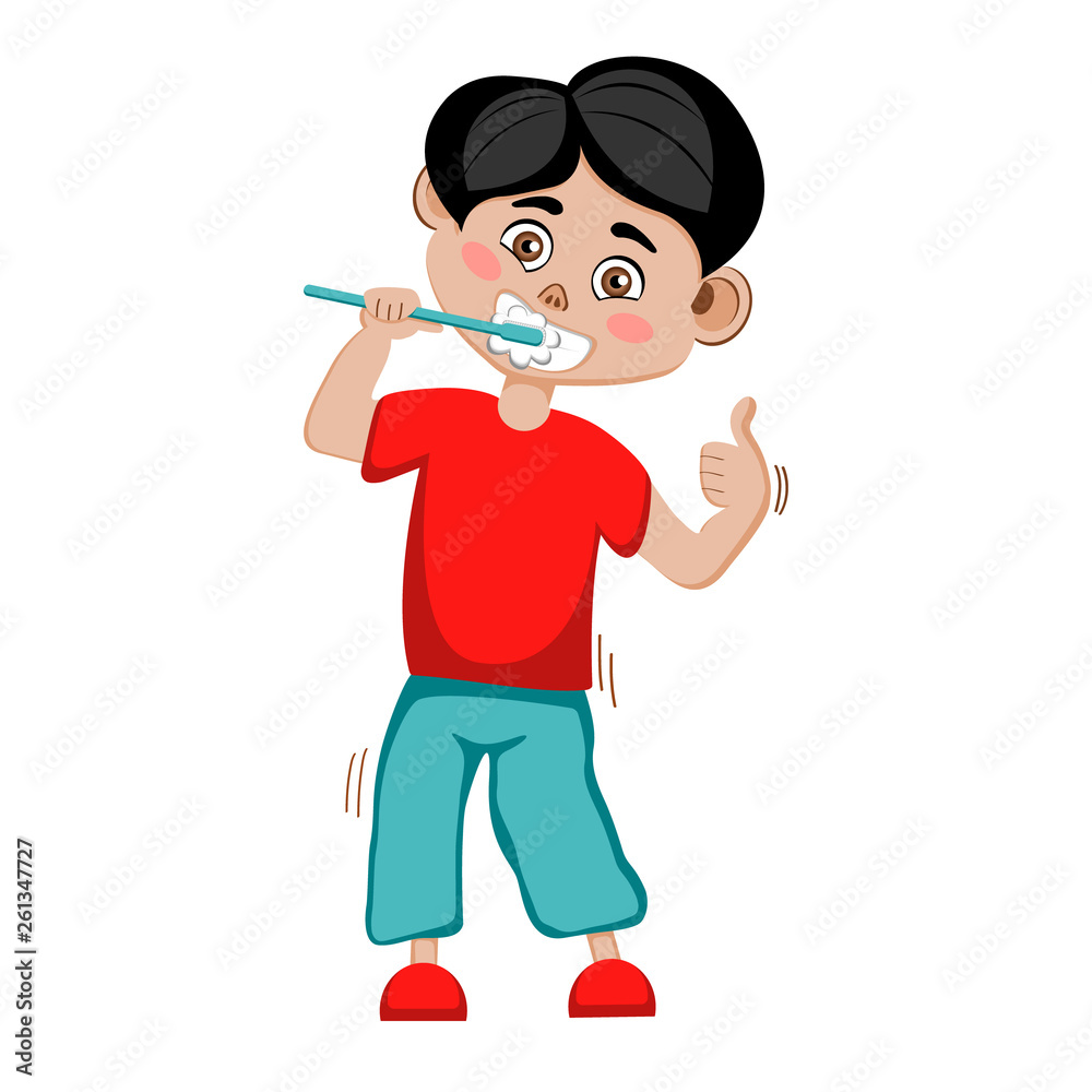 A boy with black hair brushing his teeth with a toothbrush