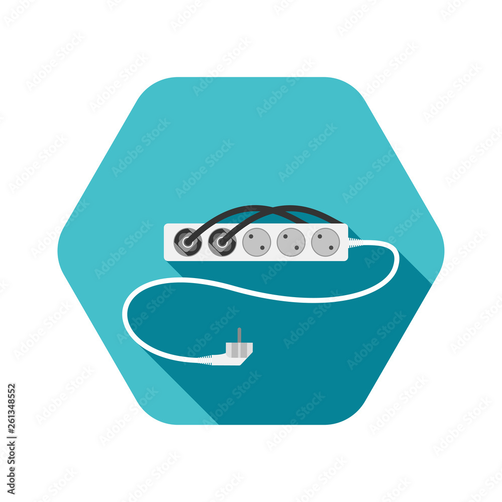 Hexagon icon of modern five socket electric extension cord type F with two plug connected and shadow on the turquoise background. Hexagon icon of modern five socket electric extension cord type F with two plug connected and shadow on the turquoise background.