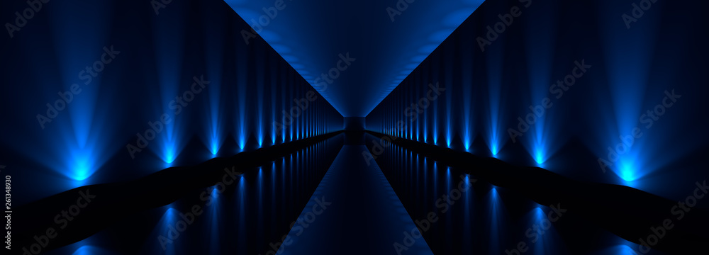 Fototapeta premium 3d rendering ciemny tunel z błękitnymi światłami i odbiciem