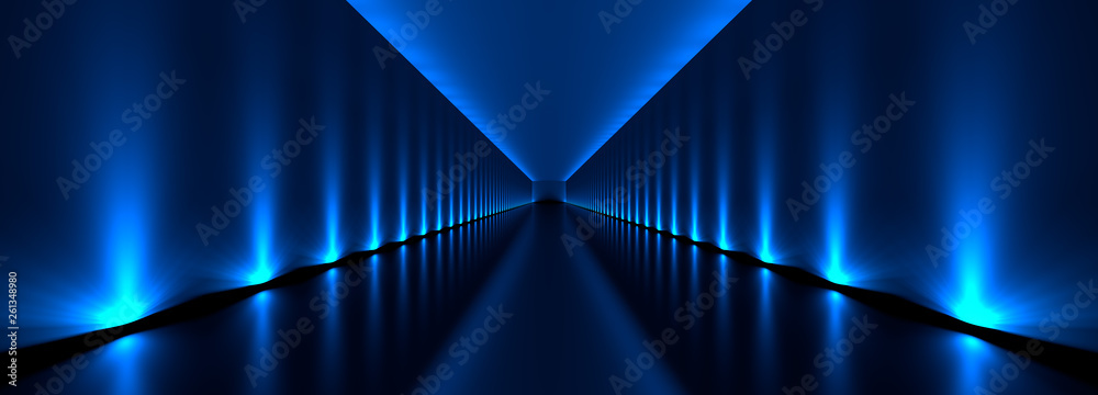Naklejka premium 3d rendering ciemny tunel z błękitnymi światłami i odbiciem