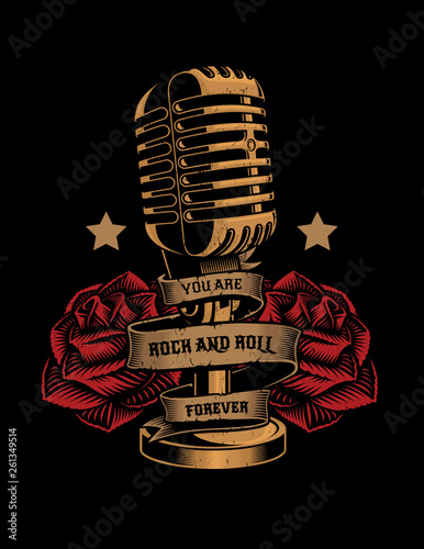 Vector illustration of a microphone with roses and a ribbon