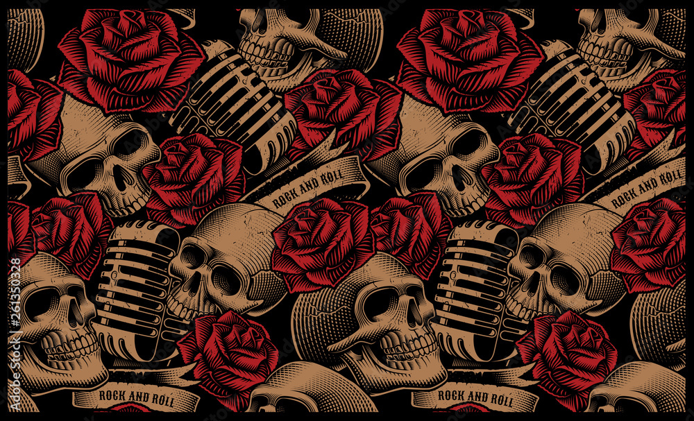Seamless pattern with skulls, microphones and roses