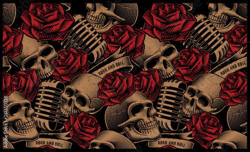 Seamless pattern with skulls, microphones and roses