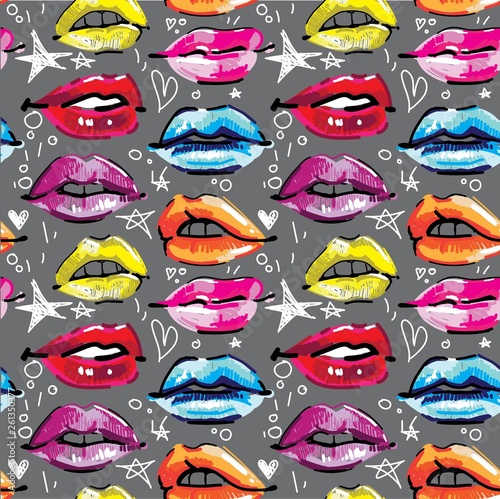 Seamless pattern with female lips. Makeup, cosmetics. Lovely smiles. Multicolored lips, female pattern. Drawing markers, pop art.