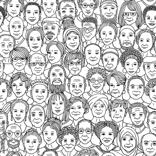 Diverse group of older people 50+ - seamless pattern with hand drawn faces, senior citizens of various ethnicities