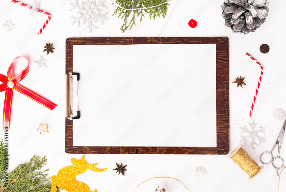 clipboard checklist stylish branding mockup, cones and christmas tree branches, christmas time decorations on white background.