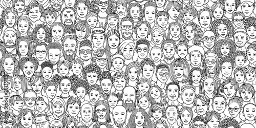 Diverse crowd of people: kids, teens, adults and seniors - seamless banner of hand drawn faces of various age groups and ethnicities