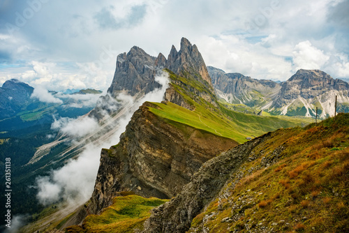 Amazing view Dolomites mountains from Seceda over Odle Puez Italy.
