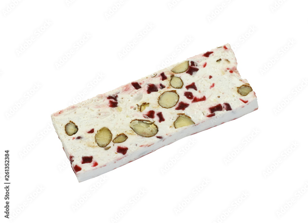 French soft nougat with strawberry flawour and almonds isolated on white background. Greek manolato. French soft nougat with strawberry flawour and almonds isolated on white background. Greek manolato.