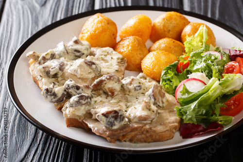 pork steak in creamy cheese sauce with mushrooms, new potatoes and fresh vegetable salad close-up. horizontal