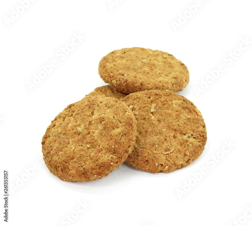 Round whole wheat biscuit  cookie with raisins isolated on white background. Biscuits with whole-wheat  wholemeal  flour isolated on white background 