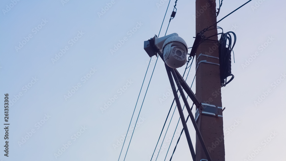 Security camera on the pole. Street video surveillance. eye of God. Tracking. Total control over people. Police surveillance. Security camera on the pole. Street video surveillance. eye of God. Tracking. Total control over people. Police surveillance.
