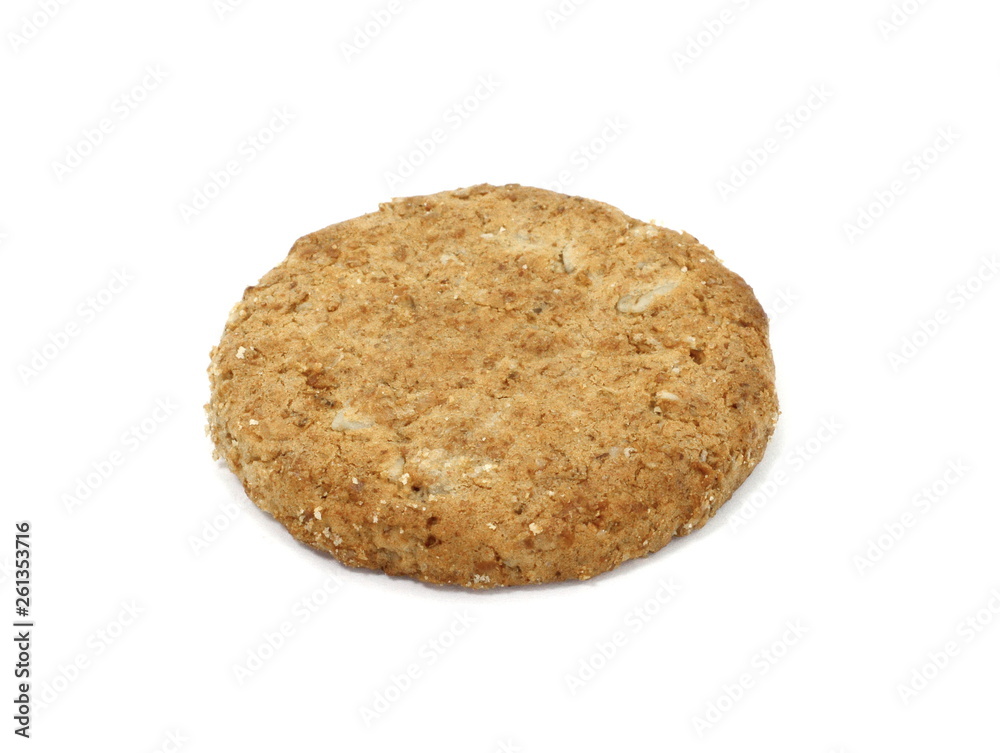 Round whole wheat biscuit, cookie with raisins isolated on white background. Biscuits with whole-wheat (wholemeal) flour isolated on white background Round whole wheat biscuit, cookie with raisins isolated on white background. Biscuits with whole-wheat (wholemeal) flour isolated on white background