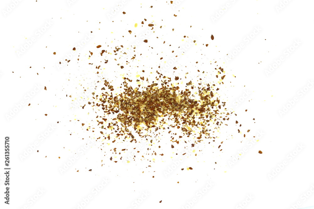 Ground or crushed brown flax seed or linseed isolated on white. Ground or crushed brown flax seed or linseed isolated on white.