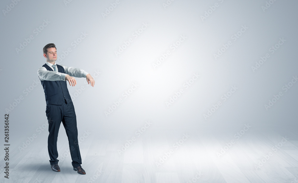 Zombi, sleepy maniac businessman walking in a copy space
Zombi, sleepy maniac businessman walking in a copy space