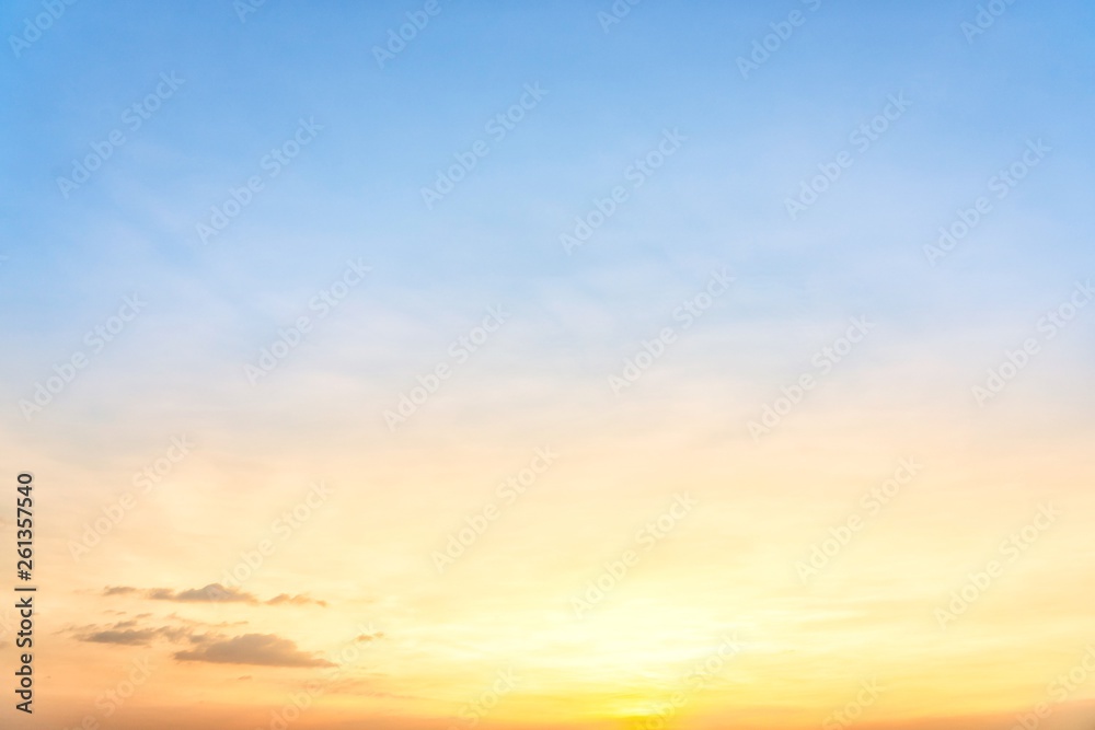Beautiful orange sunset sunrise with clouds sky in nature.Landscape concept with copy space empty blank for text or montage design.Twilight golden time.Nature,Backdrop Concept.