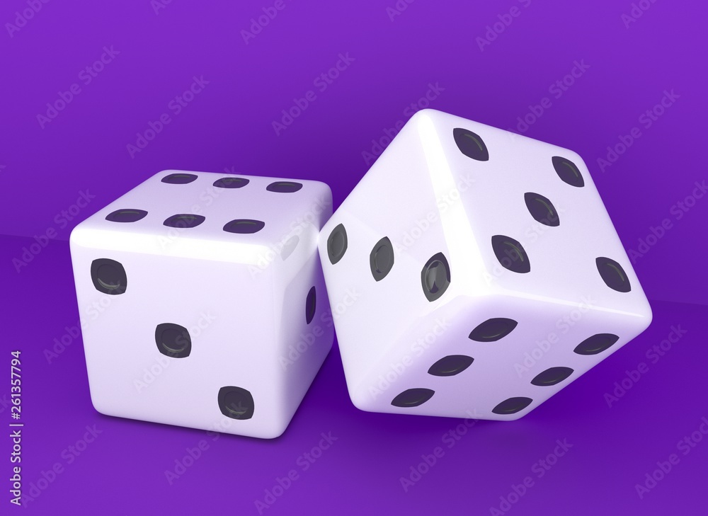 3D rendering. Dices with points on purple background