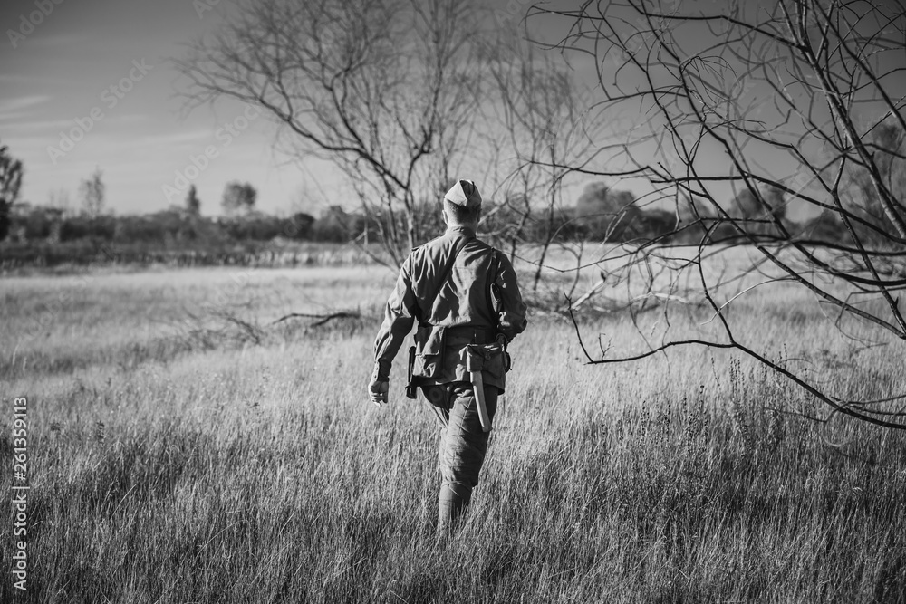 Re-enactor Dressed As World War II Russian Soviet Red Army Officer Soldier Walking Through Autumn Meadow. Photo In Black And White Colors. Soldier Of WWII WW2 Times Re-enactor Dressed As World War II Russian Soviet Red Army Officer Soldier Walking Through Autumn Meadow. Photo In Black And White Colors. Soldier Of WWII WW2 Times