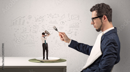 Big businessman eating small one with doodled reports, charts and graphs concept