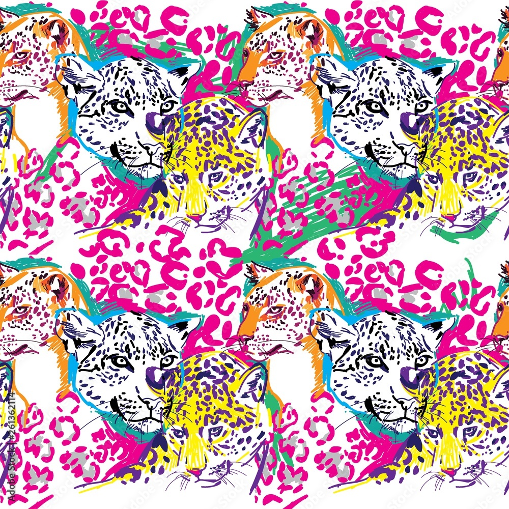 Obraz premium Seamless pattern with leopards. Big cats. Pop Art. Stylish colorful background. Summer print. Figured markers.