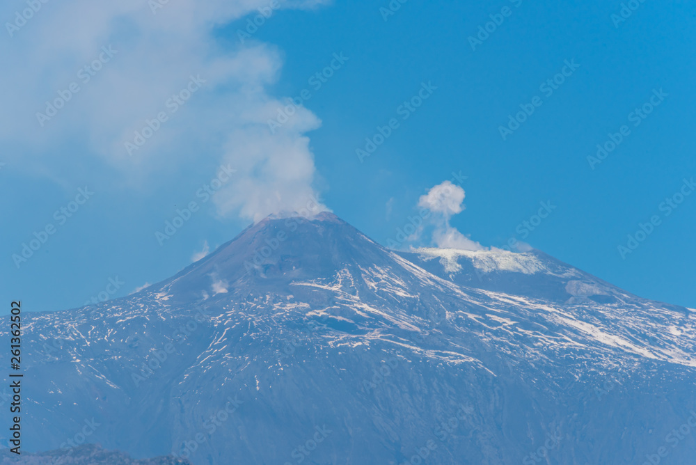 Mt. Etna Volcano Emitting Smoke on a Sunny Day