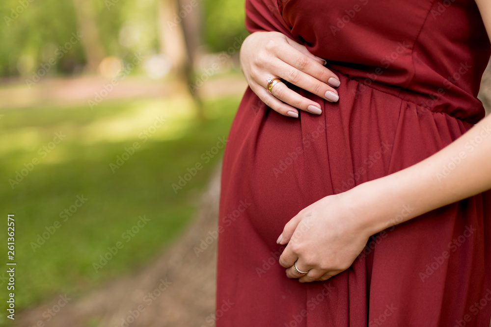 a pregnant girl in a Burgundy dress. pregnant girl holding hands on her stomach. expectant mother is expecting a child