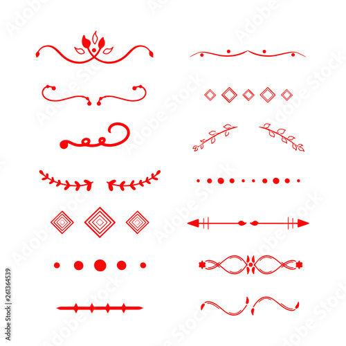 Vector set page decoration line drawing elements vintage red dividers. Isolated illustration on white background for birthday card, wedding invitations, classic design decor. Hand drawn abstract. 