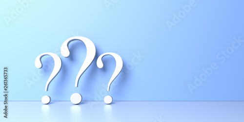 White question marks on blue background with copy empty space on right side. 3D Rendering