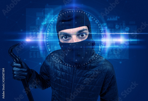 Facial recognition system. Young man on blue background