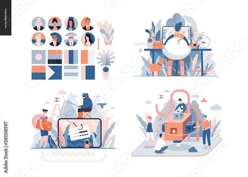 Technology 3 set - modern flat vector concept digital illustration- Home office, Phishing, Brand, Political leaders meeting. Creative landing web page design template