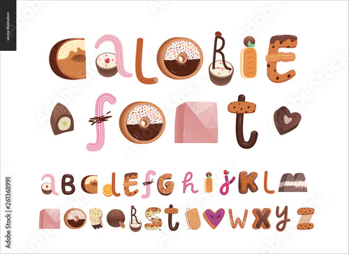 Dessert font - modern flat vector concept digital illustration of temptation font, sweet lettering. Caramel, toffee, biscuit, waffle, cookie, cream and chocolate letters