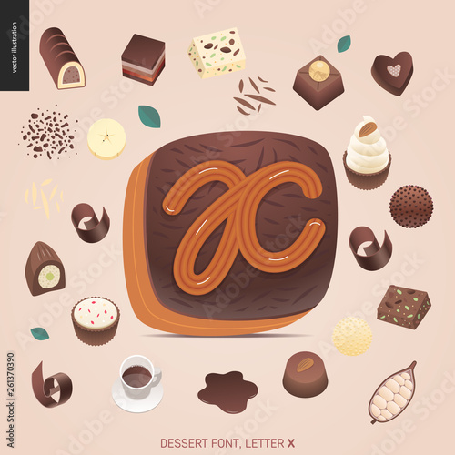 Dessert font - letter X - modern flat vector concept digital illustration of temptation font, sweet lettering. Caramel, toffee, biscuit, waffle, cookie, cream and chocolate letters