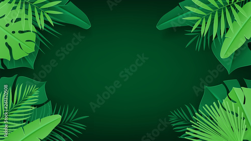 Summer banner with tropical leaves. Vector illustration with tropical leaves in paper cut style on dark green background.