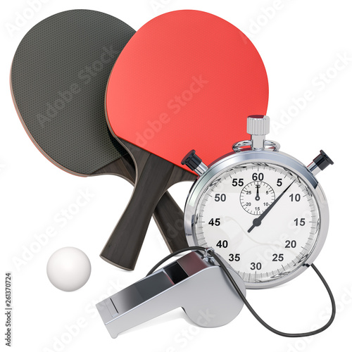 Fotografija Table tennis equipment with whistle and stopwatch, 3D rendering