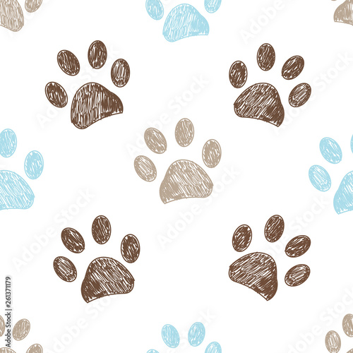 Seamless pattern for textile design. Seamless brown and blue colored paw print background