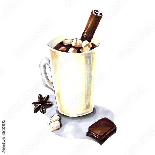 Cocoa with marshmallows and cinnamon stick . Hand-drawn illustration of alcohol markers on a white background