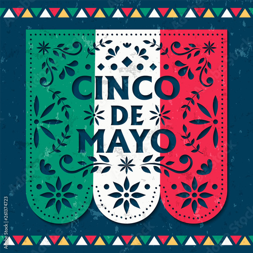 Happy Cinco de Mayo card of mexican paper cut flag