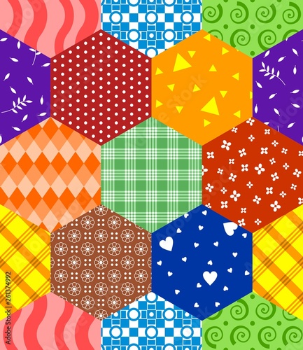 Seamless patchwork of hexagons with multi-colored patterns. Vector design.