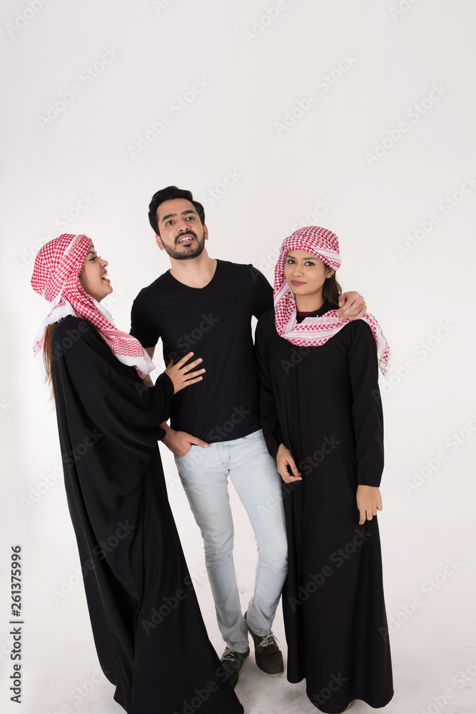 Arab man with tow arab women on white background
