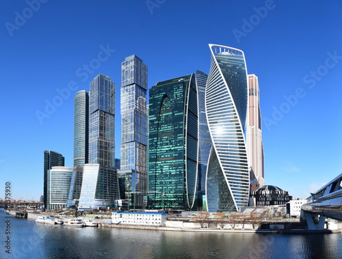 High-rise buildings of the Moscow international business center Moscow-City on the bank of the Moskva River. The beginning of construction 1998. The construction continues. Russia, Moscow, April 2019.